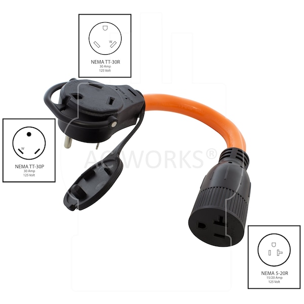 1FT 30A RV Piggy-Back Plug With 15/20 Amp Household Connector